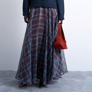 Blue check chiffon maxi skirt